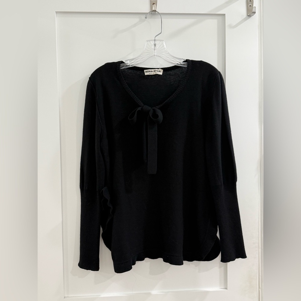 VTG Sonia Rykiel black wool ruffle side slit sweater w/ tie at chest (read)